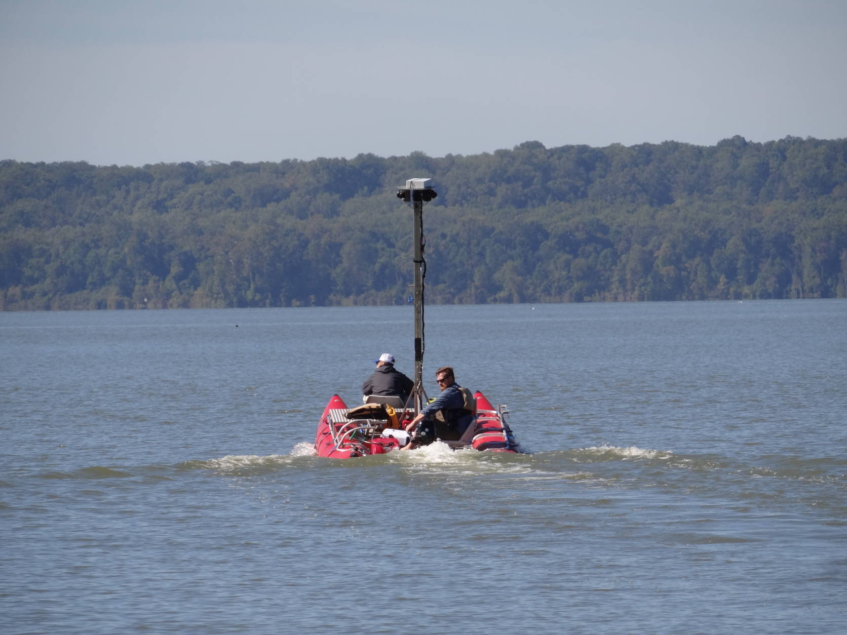 The pontoon boat at Mallows Bay. (Courtesy of Chesapeake Conservancy/Terrain360)